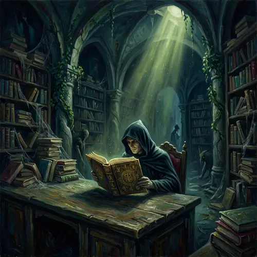Mysterious Figure in Forgotten Library - Dark and Intense Scene