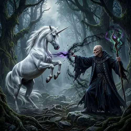 Mythological One-Horned Creature Confronts Male Wizard | Fantasy Scene