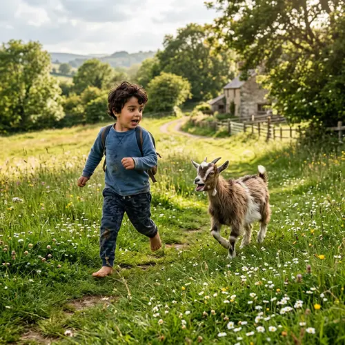 Whimsical Rural Scene: Middle-Eastern Child Running with Playful Farm Goat