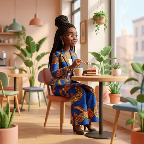 Stylish 3D Animated Black Girl in Modern Cafe