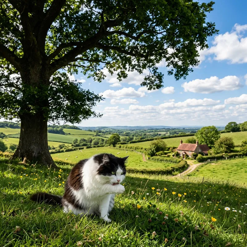 Tranquil Countryside Scene with Domestic Cat - Serene Afternoon