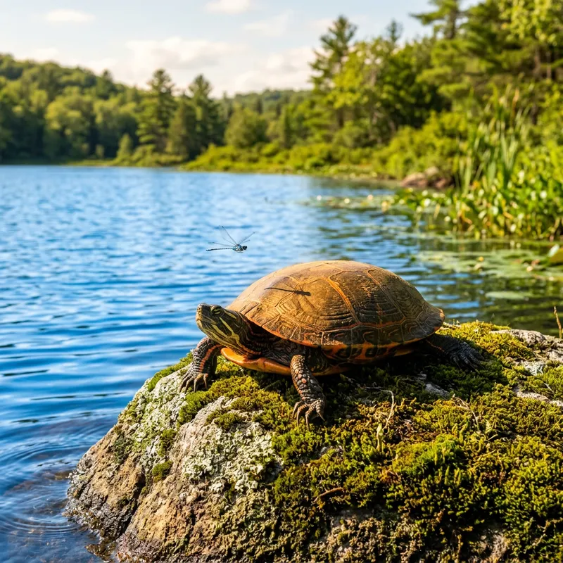 Tranquil Turtle on Mossy Rock by Blue Lake | Pablo Gavi Tranquil Turtle on Mossy Rock by Blue Lake | Pablo Gavi