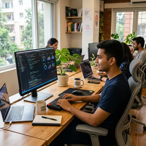 Young Indian Frontend Developer in Startup Atmosphere