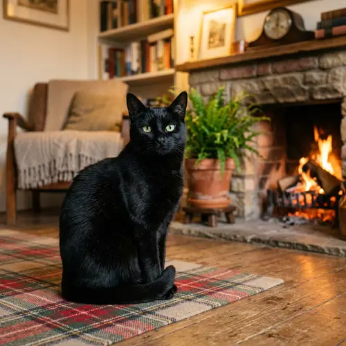 Graceful Domestic Cat with Bright Green Eyes and Jet-Black Fur