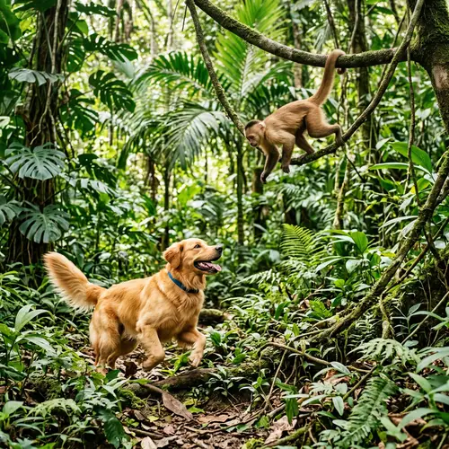 Playful Monkey and Golden Retriever Friendship in Lush Jungle