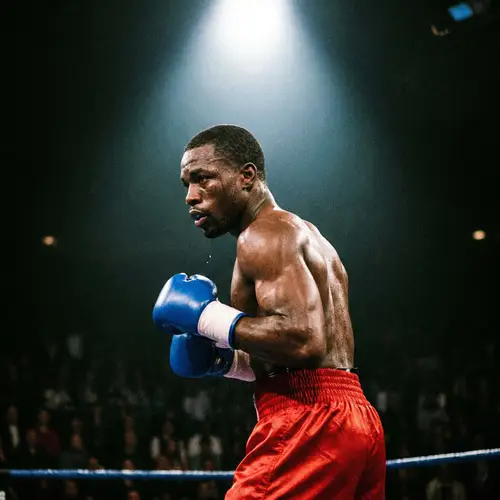 Determined Black Male Boxer | Red Shorts, Blue Gloves