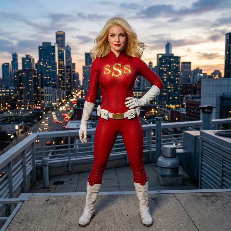Stylish Woman in Red Suit with Golden S Letters