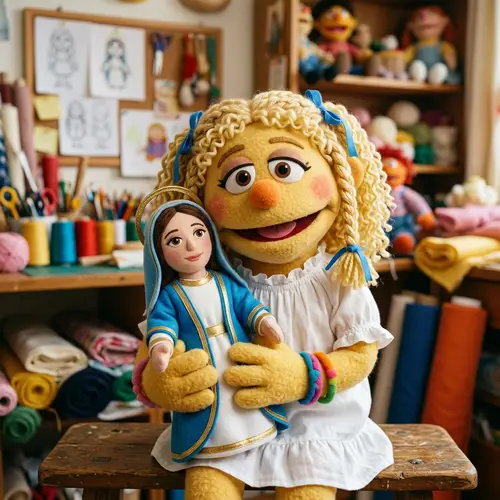 Muppet Style Blonde Girl with Virgin Mary