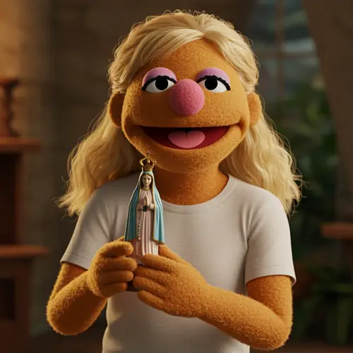 Muppet Style Blonde Girl with Virgin Mary