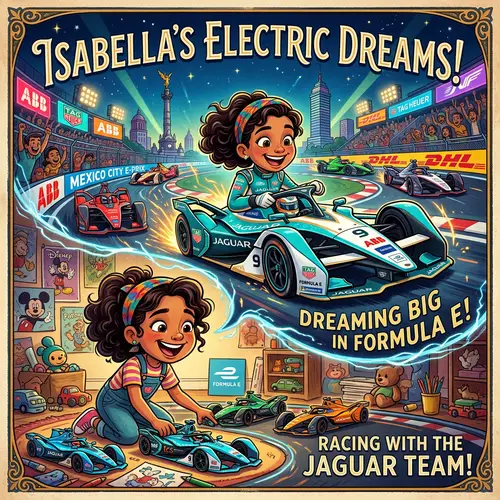 Vibrant Pixar-Style Poster: Hispanic Driver Dreaming of Formula E Racing