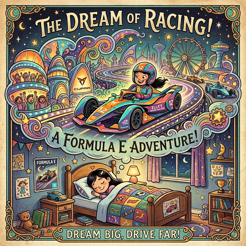 Whimsical Cartoon Poster: Young Girl's Dream of Racing Glory - CUPRA
