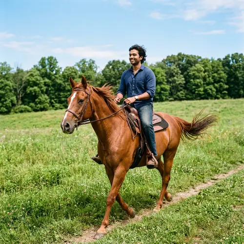 South-Asian Man Riding Chestnut Horse in Lush Green Meadow