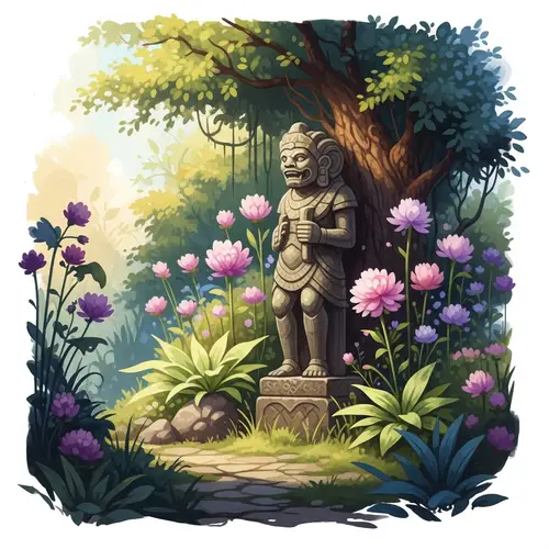 Mystical Garden with Ancient Statue - Vibrant Art