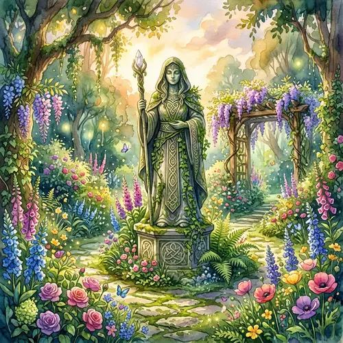 Mystical Garden with Ancient Statue - Vibrant Art