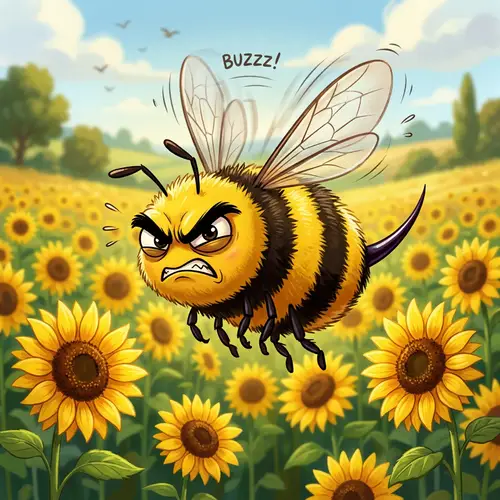 Angry Bee Cartoon - Agitated Insect Amid Sunflowers