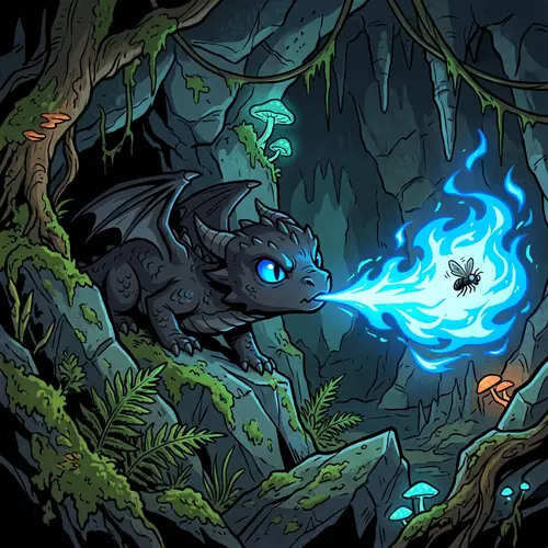 Cute Juvenile Dragon Hunting Fly with Blue Fire