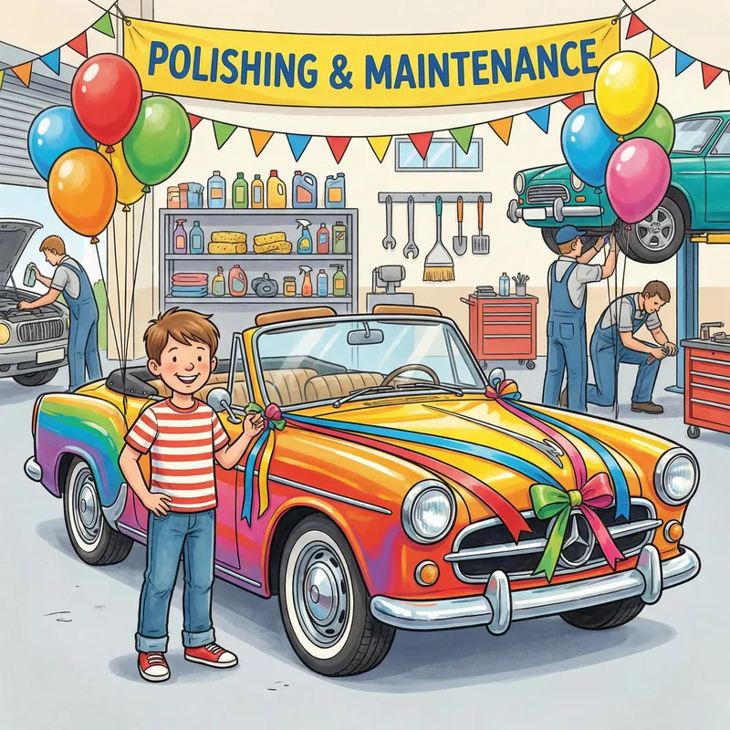 Excited Kid Next to Shiny Car at Professional Detailing Service Excited Kid Next to Shiny Car at Professional Detailing Service