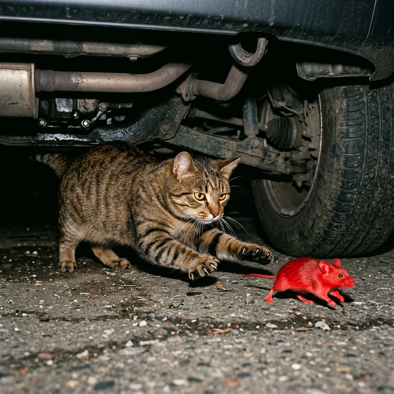 Brown Cat Catching Red Mouse Under Car - Stealthy Hunt Brown Cat Catching Red Mouse Under Car - Stealthy Hunt