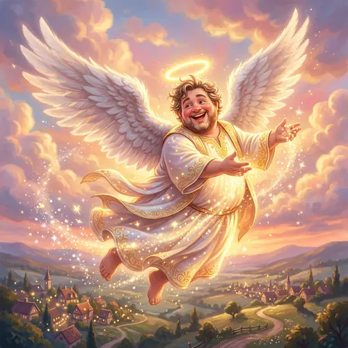 Chubby Cheerful Angel Spreading Joy with Halo and Feathered Wings