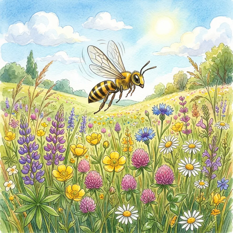 Skinny Bee in a Sunny Meadow - Nature Illustration Skinny Bee in a Sunny Meadow - Nature Illustration