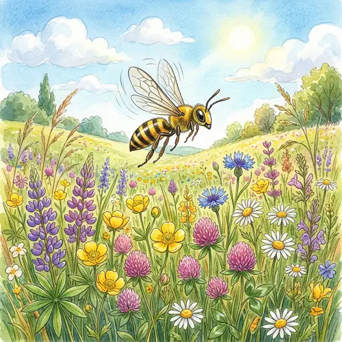 Skinny Bee in a Sunny Meadow - Nature Illustration