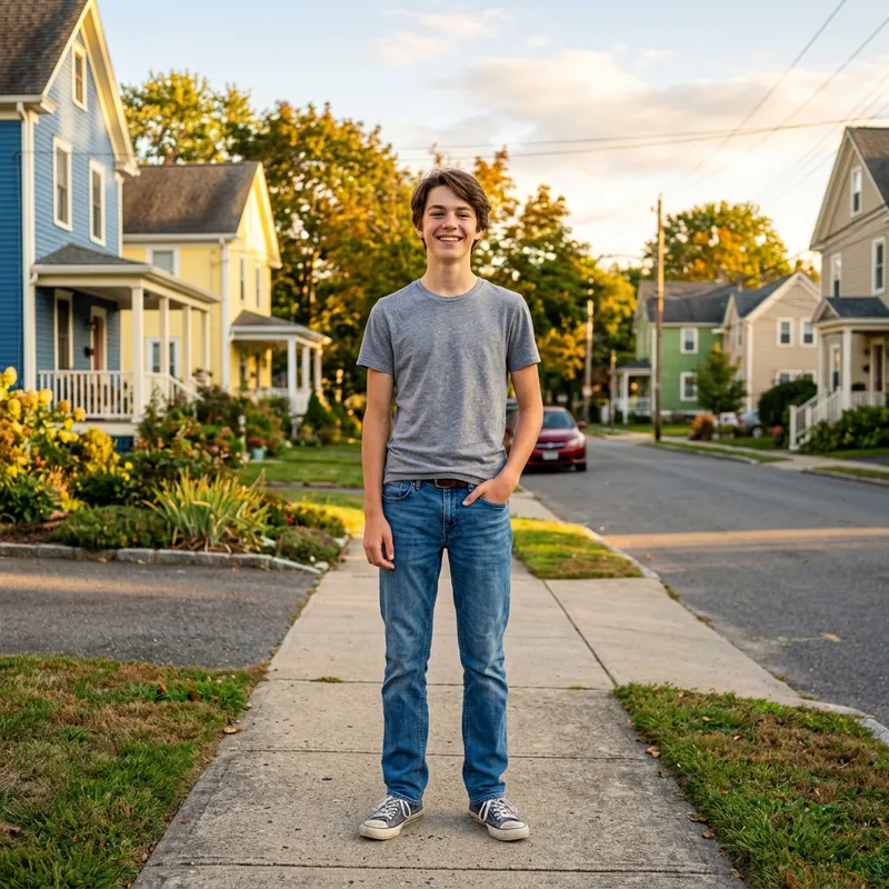 Skinny Boy in Colorful Suburban Street