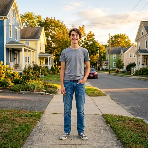 Skinny Boy in Colorful Suburban Street