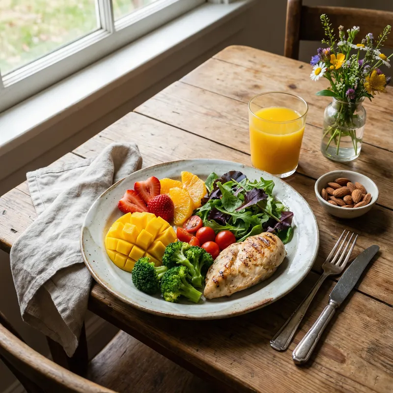 Healthy Food on Table with Fresh Fruits and Veggies