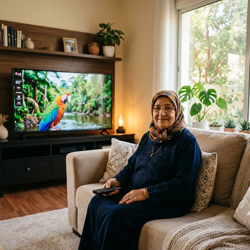 Middle-Eastern Grandmother in Traditional Attire in Modern Living Room with Large TV