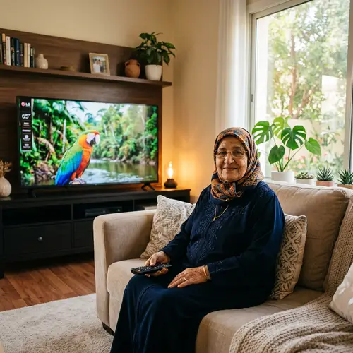 Middle-Eastern Elderly Woman in Modern Living Room with Large TV