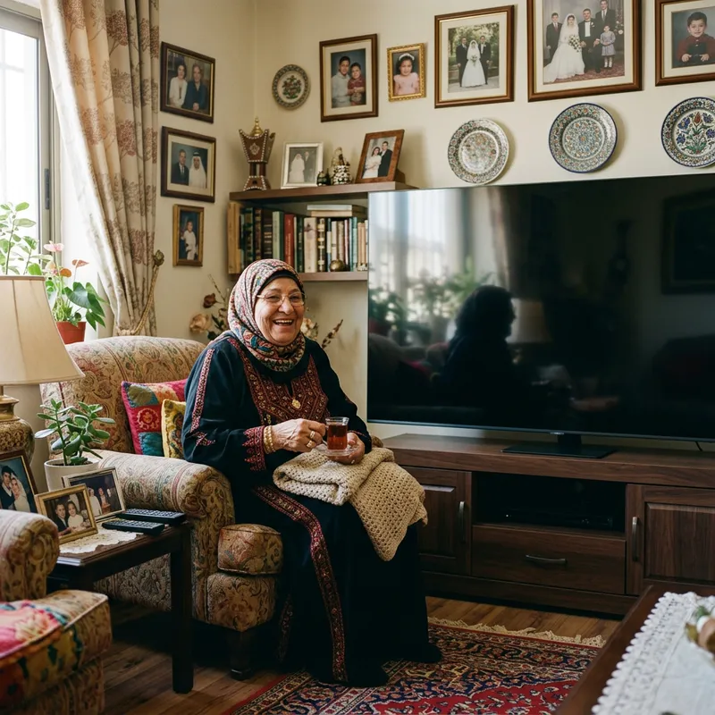 Heartwarming Middle-Eastern Grandmother with Large Modern TV