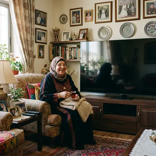 Joyful Middle-Eastern Grandmother in Cozy Living Room with Large Modern TV