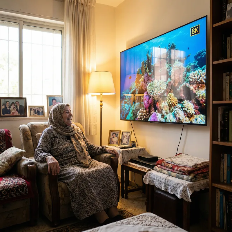 Hyper-Realistic Image of a Blissful Middle-Eastern Grandmother with a Modern TV