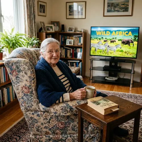 Elderly Caucasian Woman in Cozy Living Room with Large TV
