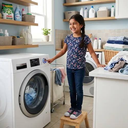Confident South Asian Child Operating Modern Washing Machine