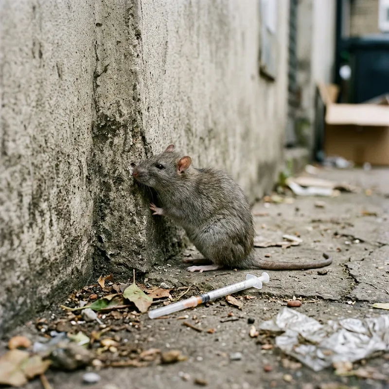 Rat Leaning Against Wall with Syringe - Full-Length View