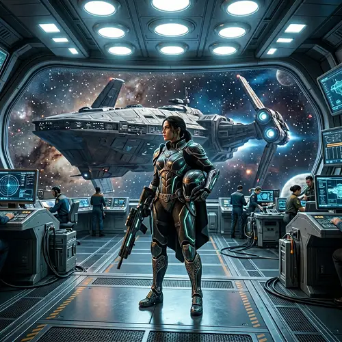 Female Warrior in Futuristic Armor | Iconic Transport Ship Scene
