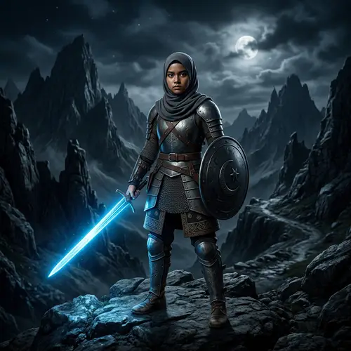 Brave Malay Teen in Armor with Glowing Sword | Adventure Mountain Scene
