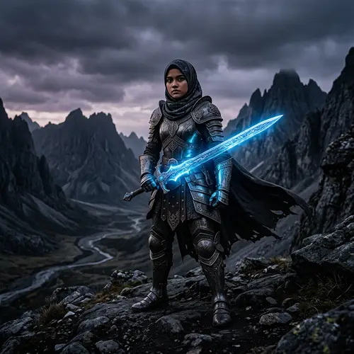 Brave Malay Teen Hijab Warrior with Blue Glowing Sword