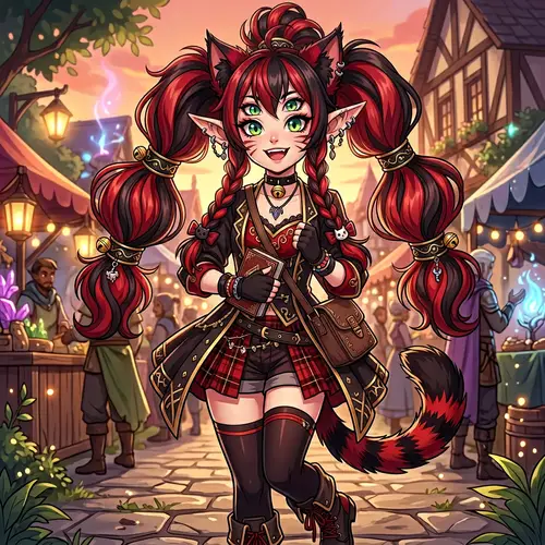 Anime-Style Girl Hybrid : Cat & Elf with Unique Hairdo
