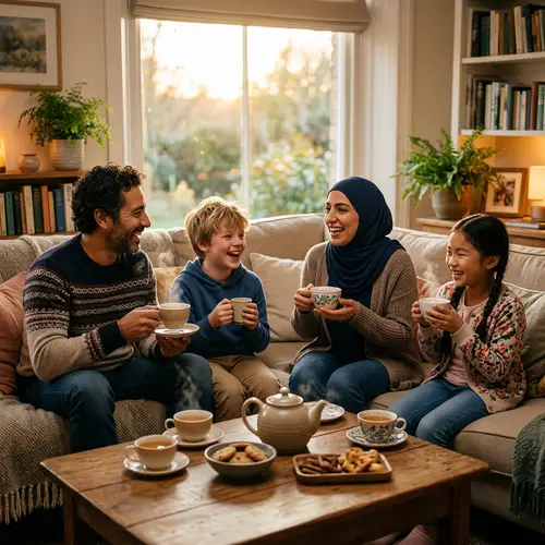 Joyful Tea Party with Kids and Adults on Sofa