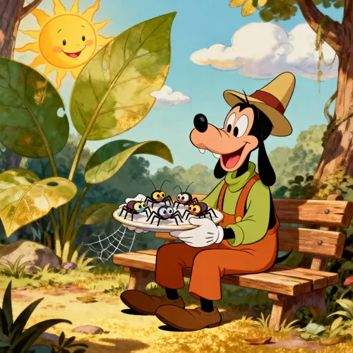 Goofy Eating Spiders in Classic Disney Style