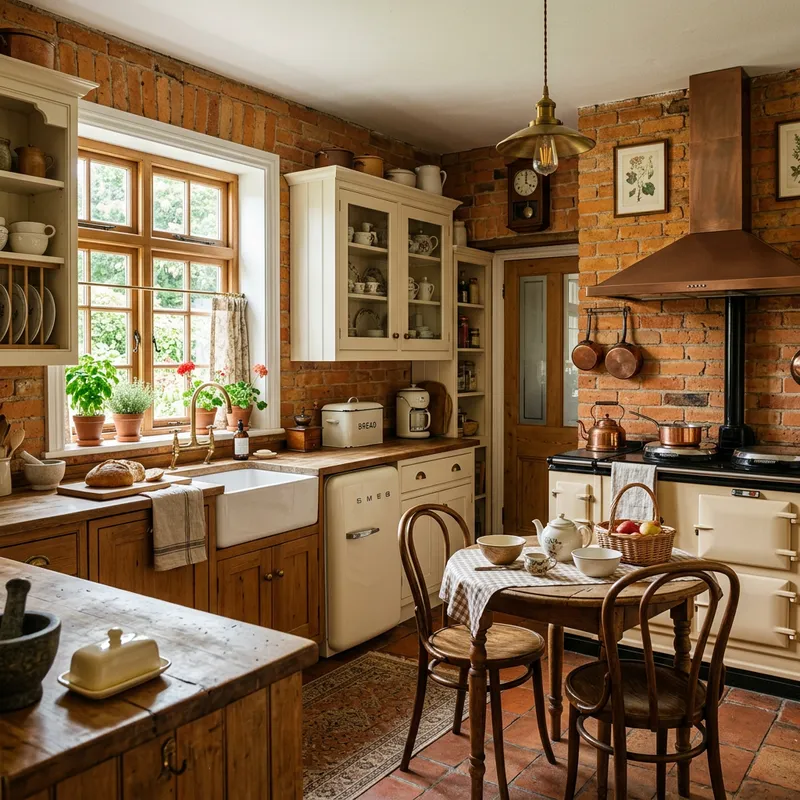 Vintage-Style Kitchen with Orange Bricks and Classic Furniture