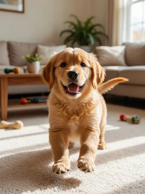 Playful Golden Retriever Puppy in Living Room