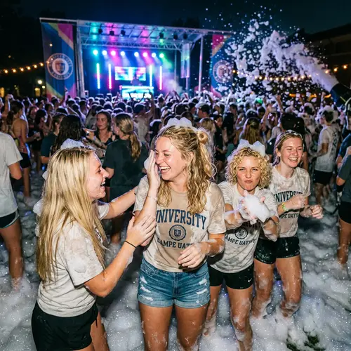 Fun at a University Foam Party: College Women Smiling