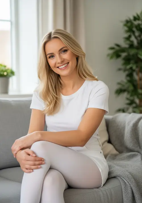 Stunning Blonde in White Outfit Smiling on Sofa