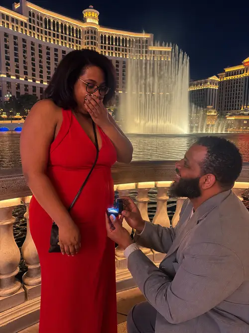 Engagement on the Las Vegas Strip – Red Dress Moment
