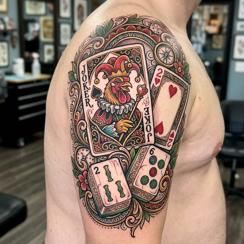 Intricate Tattoo Design with Chicken Joker and Mahjong Tiles 2 & 6