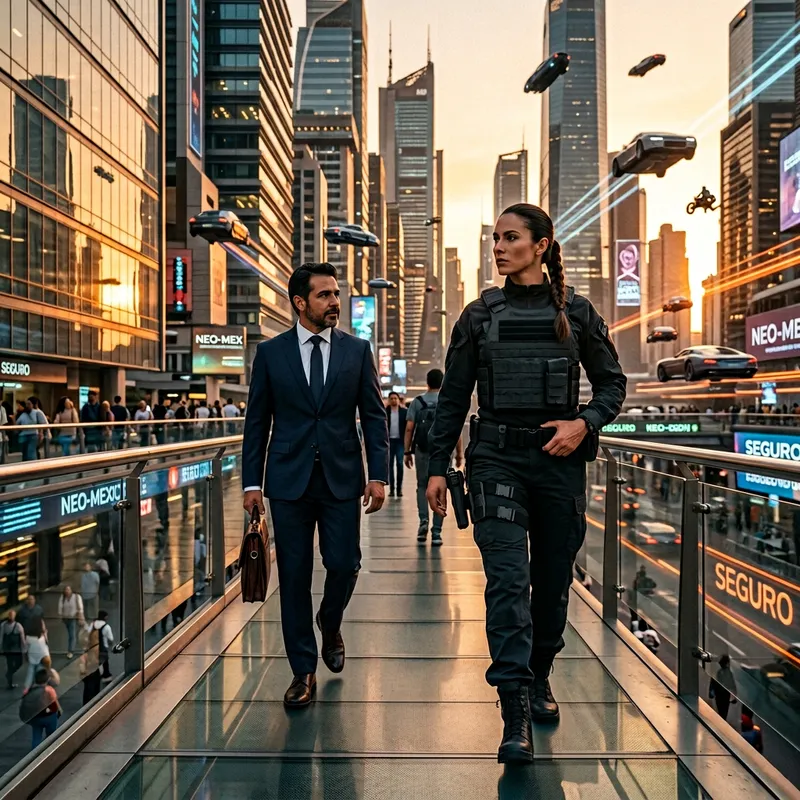 Female Bodyguard Safeguarding CEO in Futuristic City