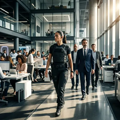 Female Bodyguard & Spanish CEO in Futuristic Office Setting